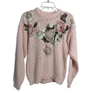 3161)Vintage Baby Pink Knitted Floral Appliques Pullover Sweater Medium?